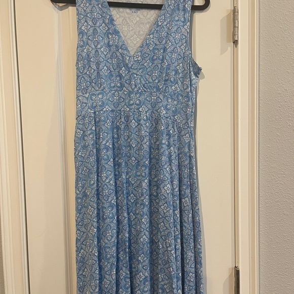 LL Bean Dress Wome Blue Fit Flare Wrap Floral Stretch Cottage Pleated small p - Picture 2 of 7